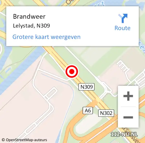 Locatie op kaart van de 112 melding: Brandweer Lelystad, N309 op 8 januari 2020 13:16