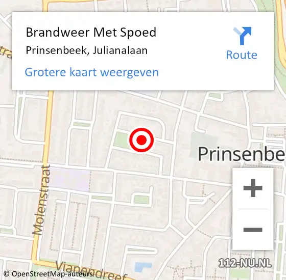 Locatie op kaart van de 112 melding: Brandweer Met Spoed Naar Prinsenbeek, Julianalaan op 12 januari 2020 10:43