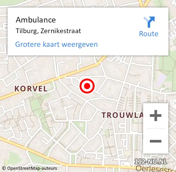 Locatie op kaart van de 112 melding: Ambulance Tilburg, Zernikestraat op 14 januari 2020 08:17