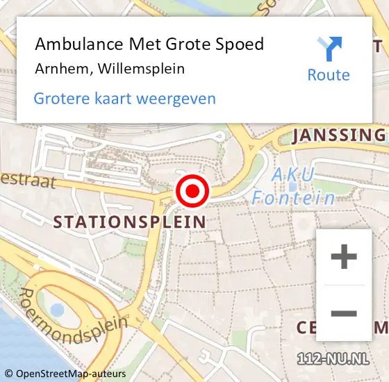 Locatie op kaart van de 112 melding: Ambulance Met Grote Spoed Naar Arnhem, Willemsplein op 19 januari 2020 02:11