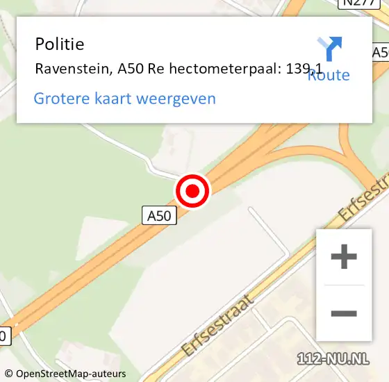 Locatie op kaart van de 112 melding: Politie Ravenstein, A50 Re hectometerpaal: 139,1 op 22 januari 2020 06:46