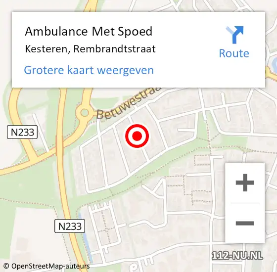 Locatie op kaart van de 112 melding: Ambulance Met Spoed Naar Kesteren, Rembrandtstraat op 23 januari 2020 18:54