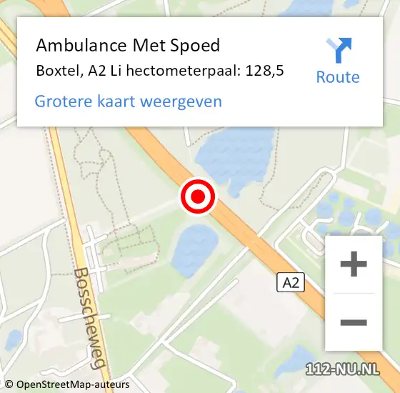 Locatie op kaart van de 112 melding: Ambulance Met Spoed Naar Boxtel, A2 Li hectometerpaal: 128,5 op 25 januari 2020 22:35