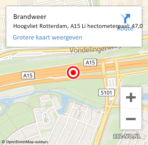Locatie op kaart van de 112 melding: Brandweer Hoogvliet Rotterdam, A15 Li hectometerpaal: 47,0 op 8 februari 2020 00:28