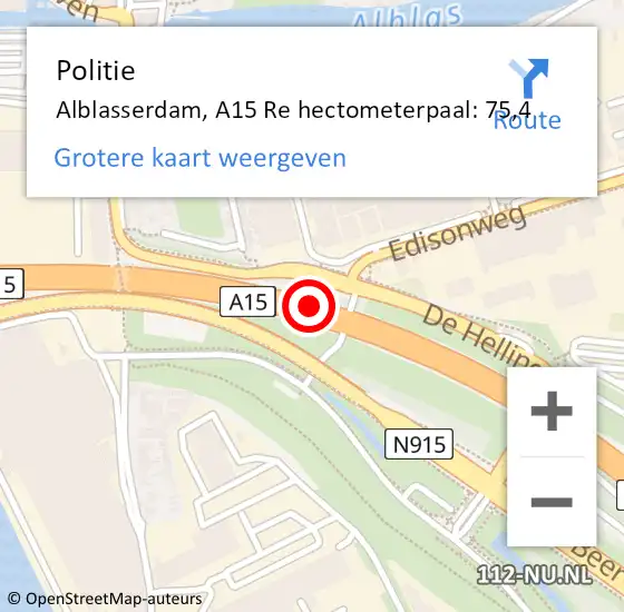 Locatie op kaart van de 112 melding: Politie Alblasserdam, A15 Re hectometerpaal: 75,4 op 9 februari 2020 23:09