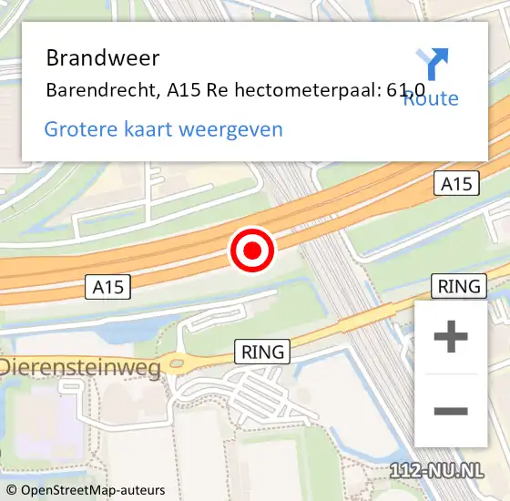 Locatie op kaart van de 112 melding: Brandweer Barendrecht, A15 Re hectometerpaal: 60,5 op 10 februari 2020 05:40