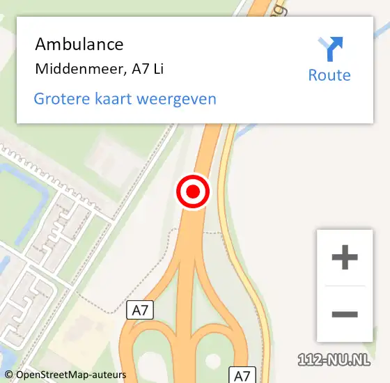 Locatie op kaart van de 112 melding: Ambulance Middenmeer, A7 Li op 10 februari 2020 19:11