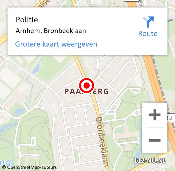 Locatie op kaart van de 112 melding: Politie Arnhem, Bronbeeklaan op 18 februari 2020 21:14