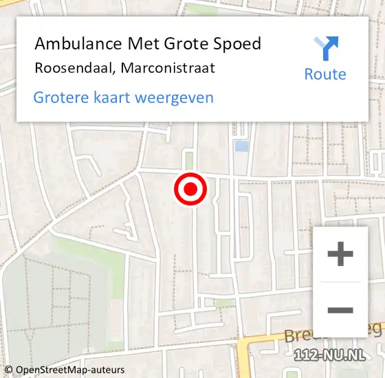 Locatie op kaart van de 112 melding: Ambulance Met Grote Spoed Naar Roosendaal, Marconistraat op 21 februari 2020 18:10