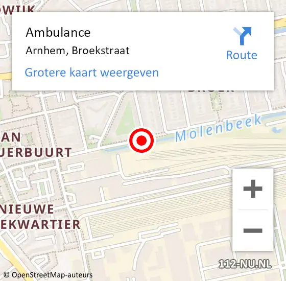 Locatie op kaart van de 112 melding: Ambulance Arnhem, Broekstraat op 24 februari 2020 15:06