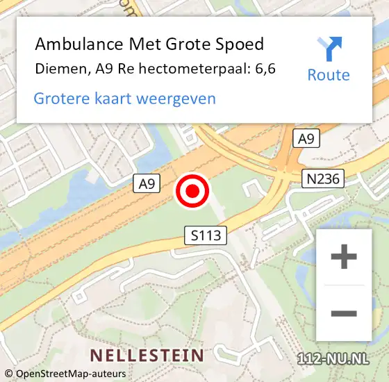 Locatie op kaart van de 112 melding: Ambulance Met Grote Spoed Naar Diemen, A9 Re hectometerpaal: 6,6 op 26 februari 2020 00:02