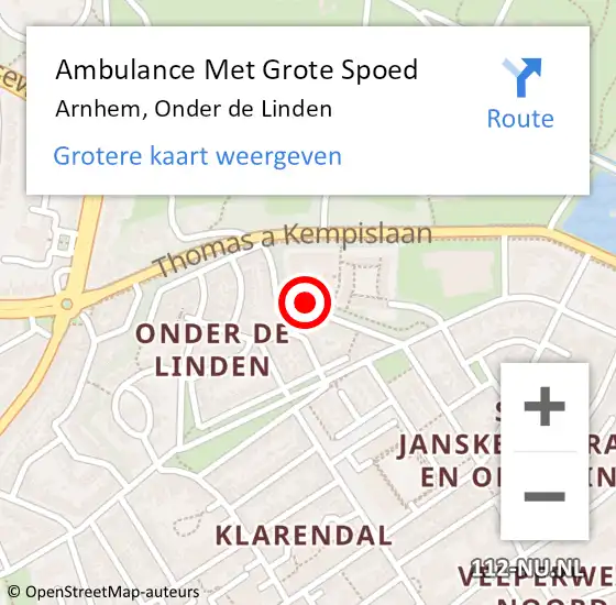 Locatie op kaart van de 112 melding: Ambulance Met Grote Spoed Naar Arnhem, Onder de Linden op 27 februari 2020 11:06