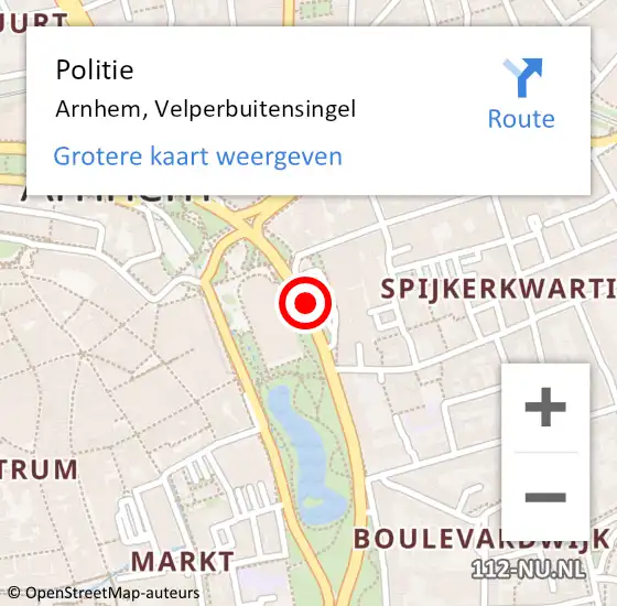 Locatie op kaart van de 112 melding: Politie Arnhem, Velperbuitensingel op 27 februari 2020 19:00