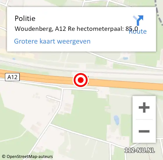 Locatie op kaart van de 112 melding: Politie Woudenberg, A12 Re op 2 maart 2020 14:51