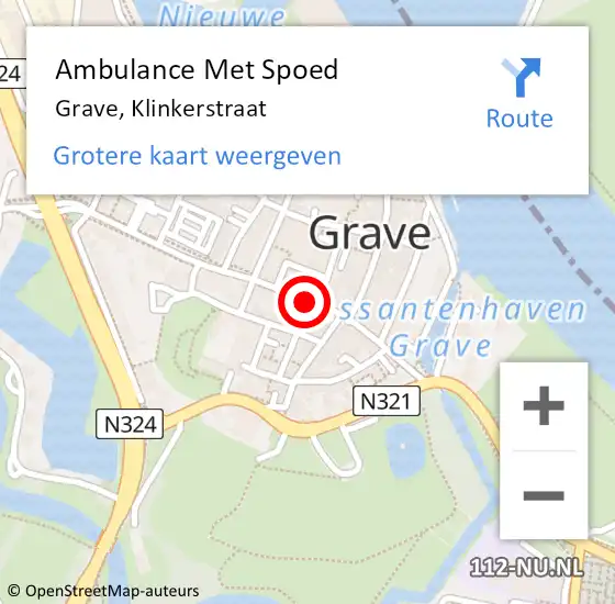 Locatie op kaart van de 112 melding: Ambulance Met Spoed Naar Grave, Klinkerstraat op 4 maart 2020 12:07