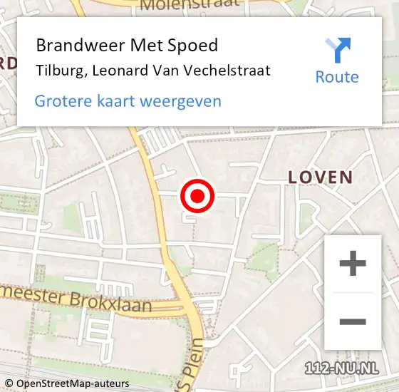 Locatie op kaart van de 112 melding: Brandweer Met Spoed Naar Tilburg, Leonard Van Vechelstraat op 4 maart 2020 16:31