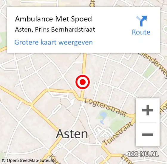 Locatie op kaart van de 112 melding: Ambulance Met Spoed Naar Asten, Prins Bernhardstraat op 6 maart 2020 23:16