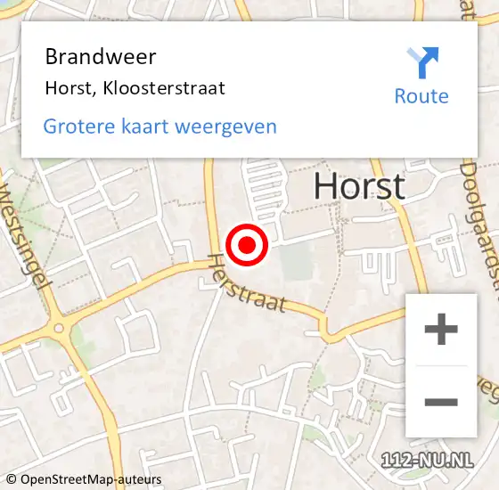 Locatie op kaart van de 112 melding: Brandweer Horst, Kloosterstraat op 9 maart 2020 18:45