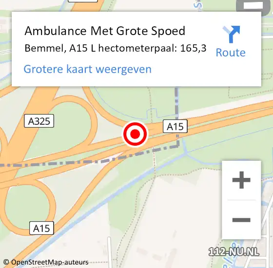 Locatie op kaart van de 112 melding: Ambulance Met Grote Spoed Naar Bemmel, A15 L hectometerpaal: 165,3 op 30 september 2013 15:26