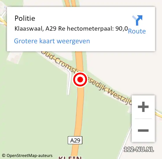 Locatie op kaart van de 112 melding: Politie Klaaswaal, A29 Re hectometerpaal: 90,0 op 18 maart 2020 13:34