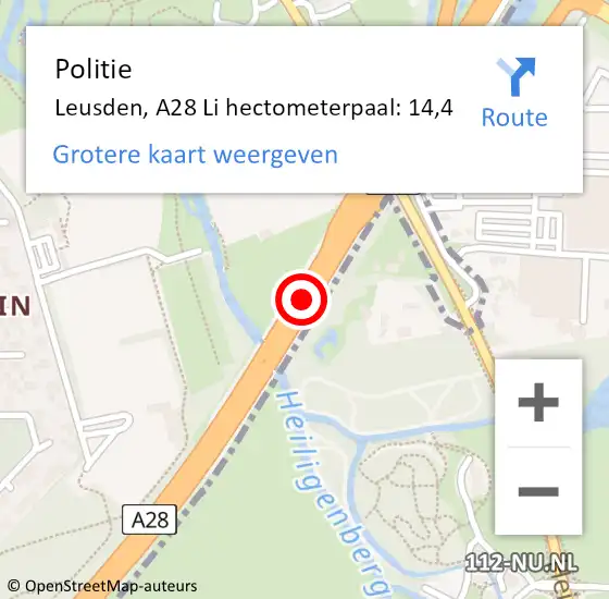 Locatie op kaart van de 112 melding: Politie Leusden, A28 Li hectometerpaal: 14,4 op 20 maart 2020 10:17