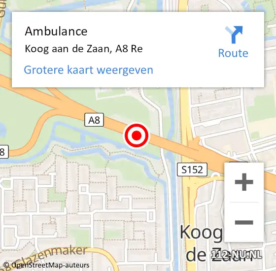 Locatie op kaart van de 112 melding: Ambulance Koog aan de Zaan, A8 Re op 20 maart 2020 19:03