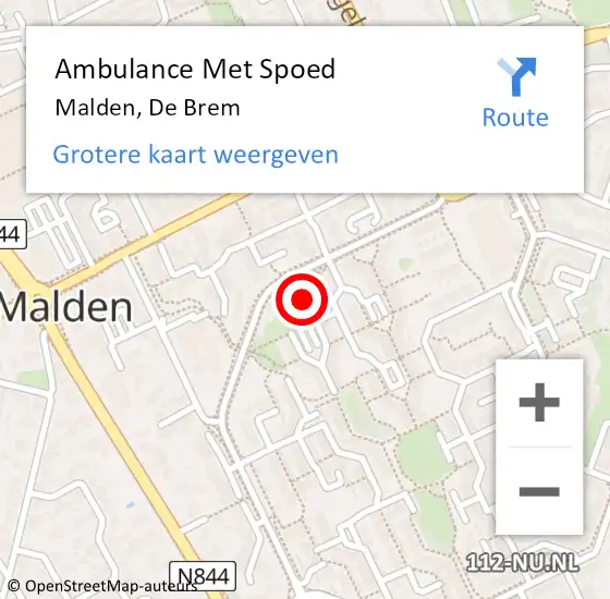 Locatie op kaart van de 112 melding: Ambulance Met Spoed Naar Malden, De Brem op 8 april 2020 03:15