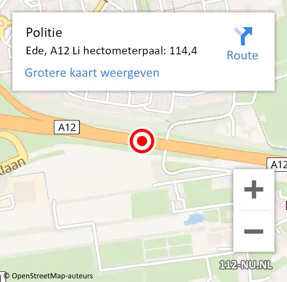 Locatie op kaart van de 112 melding: Politie Ede, A12 Li hectometerpaal: 114,4 op 8 april 2020 17:45