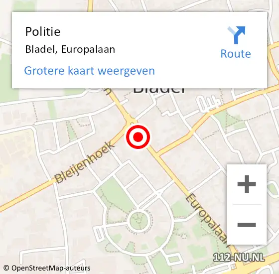 Locatie op kaart van de 112 melding: Politie Bladel, Europalaan op 10 april 2020 01:48