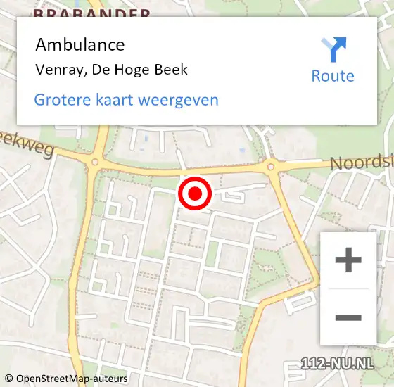 Locatie op kaart van de 112 melding: Ambulance Venray, De Hoge Beek op 20 april 2020 16:01