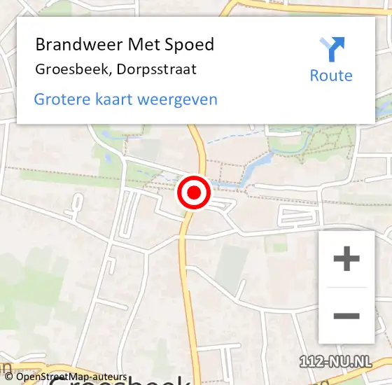 Locatie op kaart van de 112 melding: Brandweer Met Spoed Naar Groesbeek, Dorpsstraat op 26 april 2020 01:37