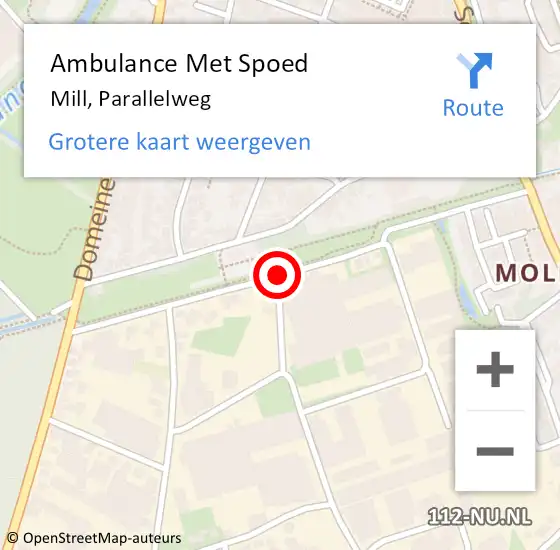 Locatie op kaart van de 112 melding: Ambulance Met Spoed Naar Mill, Parallelweg op 11 mei 2020 11:49