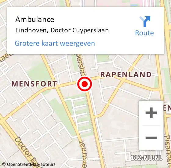 Locatie op kaart van de 112 melding: Ambulance Eindhoven, Doctor Cuyperslaan op 12 mei 2020 10:20