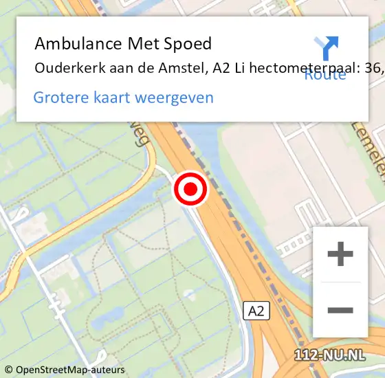 Locatie op kaart van de 112 melding: Ambulance Met Spoed Naar Ouderkerk aan de Amstel, A2 Li hectometerpaal: 36,9 op 12 mei 2020 18:17