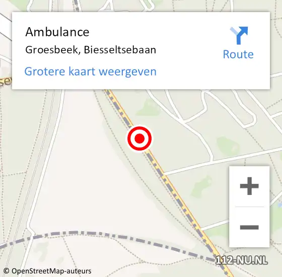 Locatie op kaart van de 112 melding: Ambulance Groesbeek, Biesseltsebaan op 13 mei 2020 10:07