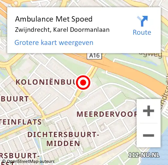 Locatie op kaart van de 112 melding: Ambulance Met Spoed Naar Zwijndrecht, Karel Doormanlaan op 13 mei 2020 16:48