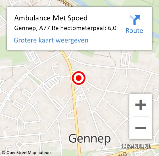 Locatie op kaart van de 112 melding: Ambulance Met Spoed Naar Gennep, A77 Re hectometerpaal: 6,0 op 6 mei 2014 21:46