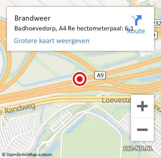 Locatie op kaart van de 112 melding: Brandweer Badhoevedorp, A4 Re hectometerpaal: 6,1 op 22 mei 2020 17:17