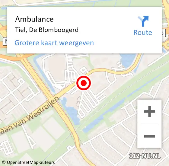 Locatie op kaart van de 112 melding: Ambulance Tiel, De Blomboogerd op 27 mei 2020 17:30