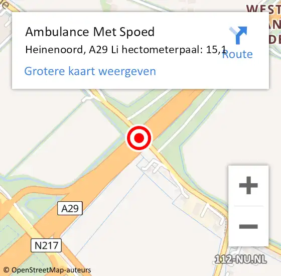 Locatie op kaart van de 112 melding: Ambulance Met Spoed Naar Heinenoord, A29 Li hectometerpaal: 15,1 op 29 mei 2020 06:36