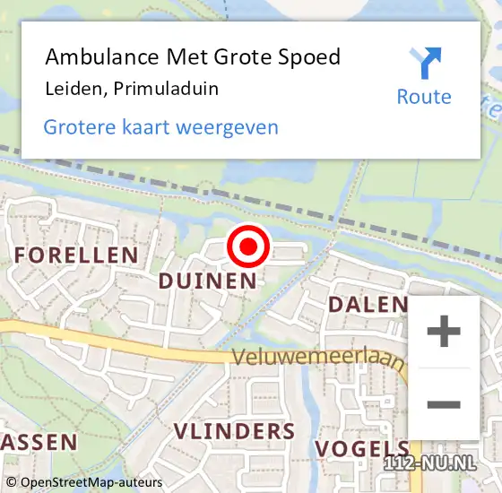 Locatie op kaart van de 112 melding: Ambulance Met Grote Spoed Naar Leiden, Primuladuin op 31 mei 2020 11:56