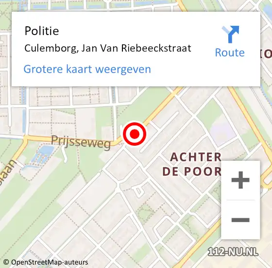 Locatie op kaart van de 112 melding: Politie Culemborg, Jan Van Riebeeckstraat op 4 juni 2020 16:44