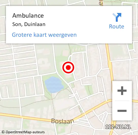 Locatie op kaart van de 112 melding: Ambulance Son, Duinlaan op 13 juni 2020 15:39
