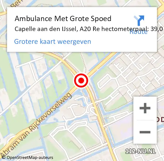 Locatie op kaart van de 112 melding: Ambulance Met Grote Spoed Naar Capelle aan den IJssel, A20 Re hectometerpaal: 39,0 op 15 juni 2020 15:10