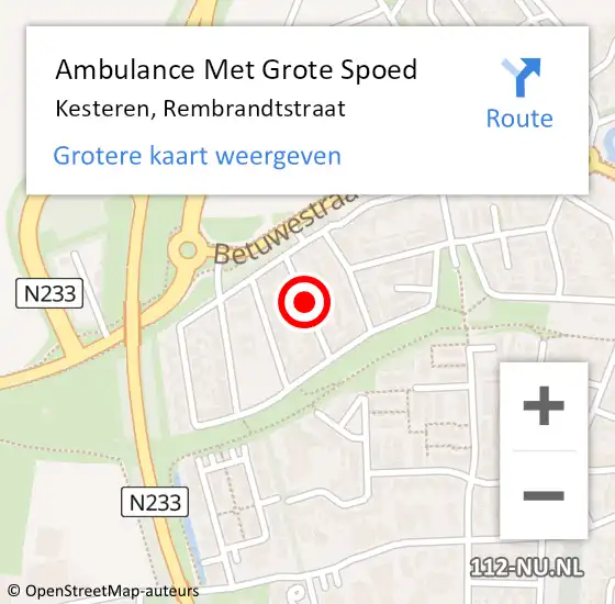 Locatie op kaart van de 112 melding: Ambulance Met Grote Spoed Naar Kesteren, Rembrandtstraat op 17 juni 2020 13:04