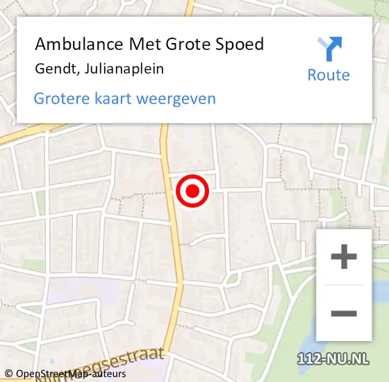 Locatie op kaart van de 112 melding: Ambulance Met Grote Spoed Naar Gendt, Julianaplein op 23 juni 2020 19:56