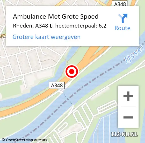 Locatie op kaart van de 112 melding: Ambulance Met Grote Spoed Naar Rheden, A348 Li hectometerpaal: 6,2 op 26 juni 2020 23:01