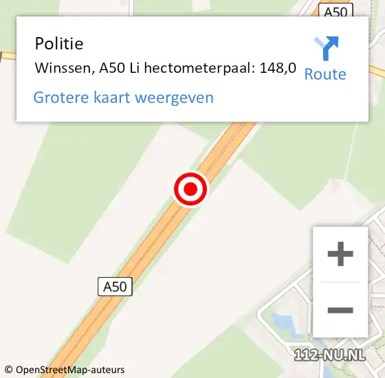 Locatie op kaart van de 112 melding: Politie Winssen, A50 Li hectometerpaal: 148,0 op 27 juni 2020 09:01