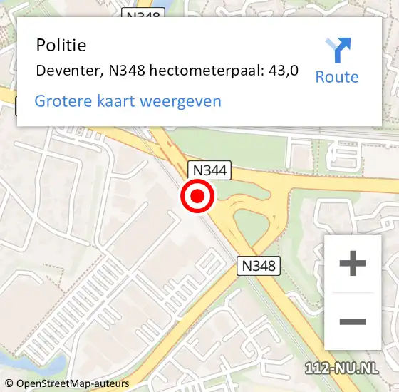 Locatie op kaart van de 112 melding: Politie Deventer, N348 hectometerpaal: 43,0 op 27 juni 2020 10:44
