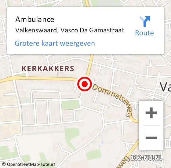 Locatie op kaart van de 112 melding: Ambulance Valkenswaard, Vasco Da Gamastraat op 27 juni 2020 18:56